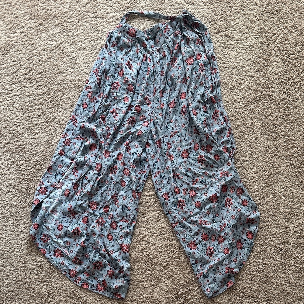 Easel Floral Wide Leg Pants - Gray and Red